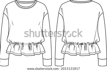 Vector fashion sketch sweatshirt with elasticized waist, woman sweatshirt technical drawing, fashion CAD long sleeved top with gathering detail. Jersey sweatshirt with front, back view, white color ストックフォト © 