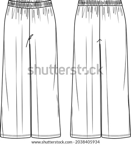 Vector comfy yoga pants technical drawing, woman wide-leg sweatpants fashion CAD, template, sketch, flat. Jersey or woven fabric trousers with front, back view, white color. Palazzo trousers drawing