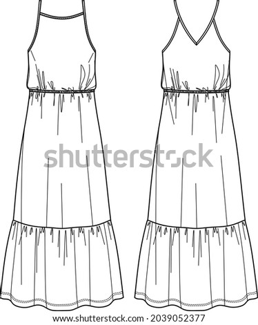 Vector flared long dress fashion CAD, woman maxi dress with shoulder straps technical drawing, frill detail dress flat, template, sketch. Jersey or woven fabric dress, front, back view, white color