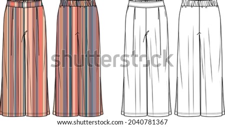 Vector comfy yoga pants technical drawing, woman wide-leg sweatpants fashion CAD, template, sketch, flat. Jersey or woven fabric trousers with front, back view, white color. Striped palazzo trousers.