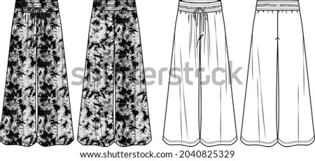 Vector comfy yoga pants technical drawing, woman wide-leg sweatpants fashion CAD, template, sketch, flat. Jersey or woven fabric trousers with front, back view, white color. Palazzo tie-dye trousers 