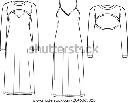 Vector maxi dress with shoulder straps technical drawing, woman slip dress with long sleeved bolero fashion CAD, sketch, template, flat. Jersey or woven fabric dress with front, back view, white color