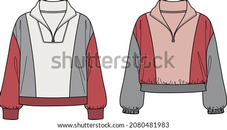 Vector unisex sweatshirt fashion CAD, woman sweatshirt with rib and zip details technical drawing, template, flat, sketch.Fleece, jersey  or woven fabric sweatshirt with front, back view, white color Foto stock © 