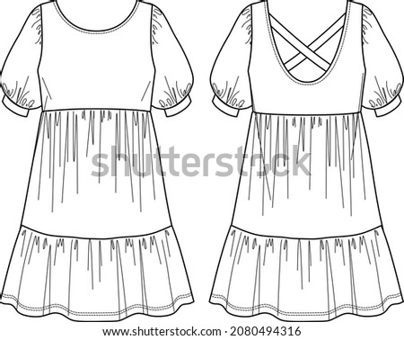 Voluminous mini dress, trendy dress with frills vector sketch, round neck dress fashion CAD, technical drawing, flat, mock up, template. Jersey or woven fabric dress with front, back view, white color
