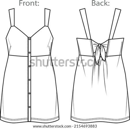 Vector dungaree dress fashion CAD, woman sleeveless mini dress technical drawing with wide straps, template, flat, sketch, mock up.  Jersey or woven fabric dress with front, back view, white color