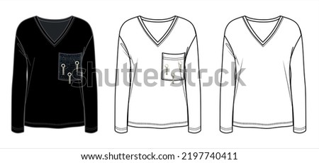 Vector t-shirt with chain eyelets fashion CAD , women long sleeved blouse sketch, V-neck women technical drawing, template, flat, mock up. Jersey modern top with front, back view, white color