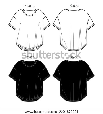 Vector short sleeved T-Shirt fashion CAD, woman round neck dropped shoulder top technical drawing, template, flat, sketch. Jersey or woven fabric 2 pieces set tshirt with front, back view, white color