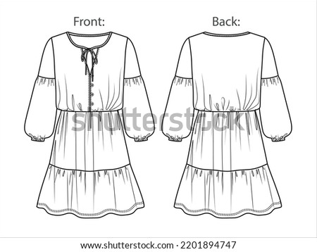 Vector long sleeved dress technical drawing, woman mini dress with bow detail fashion CAD, shirt dress with long ballon sleeves template, sketch, flat. Jersey dress with front, back view, white color