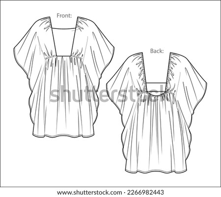 Vector short sleeve square neck mini dress technical drawing, woman kaftan dress with frill detail fashion CAD, sketch, template, flat. Jersey or woven fabric dress with front, back view, white color