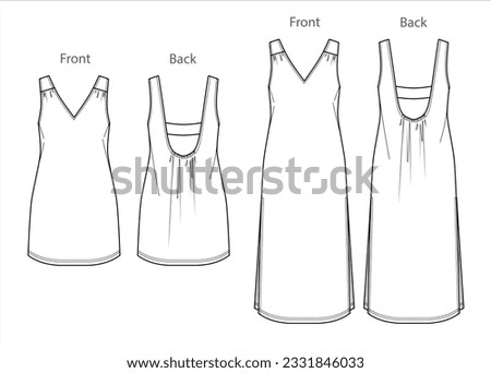Vector maxi dress with gathering technical drawing, long summer dress fashion CAD, woman sleeveless V-neck mini dress sketch, template, flat.  Jersey or woven fabric dress with front, back view, white