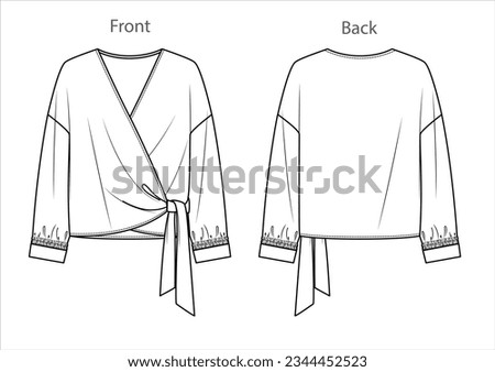 Vector V neck blouse with smock detail fashion CAD, woman wrap long sleeve T-Shirt technical drawing, sketch, template, flat, mock up. Jersey or woven fabric shirt with front, back view, white color