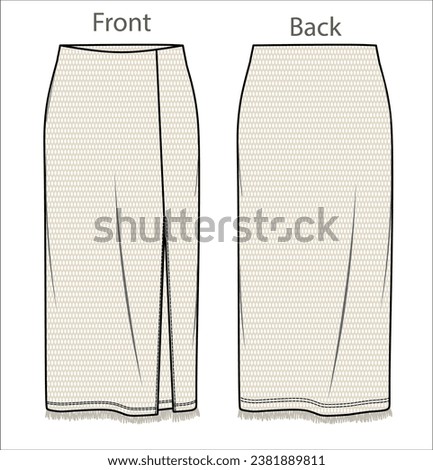 Vector midi skirt with crochet fabric fashion CAD, woman jersey or woven fabric  maxi skirt with side slit technical drawing, flat, sketch, template, mock up. Front back view, white color
