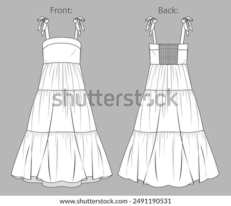 Vector flared long dress fashion CAD, woman maxi dress with shoulder straps technical drawing, gathering detail dress flat, template, sketch.Jersey or woven fabric dress, front, back view, white color