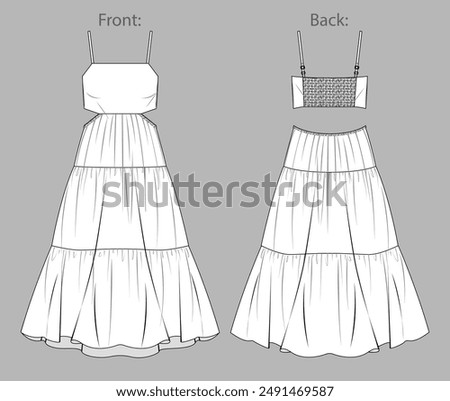 Vector flared long dress fashion CAD, woman maxi dress with shoulder straps technical drawing, bohemian style dress flat, template, sketch. Jersey or woven fabric dress, front, back view, white color