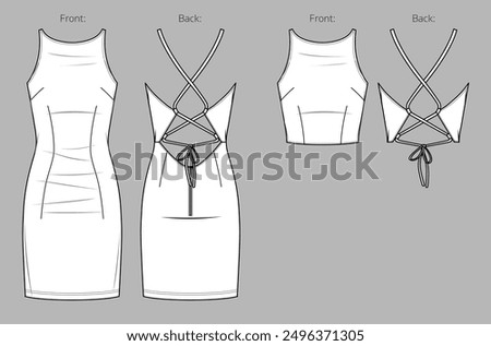 Vector woman sleeveless party dress with halter neck fashion CAD, tank top with cross straps technical drawing, template, flat, sketch. Jersey or woven fabric dress with front, back view, white color