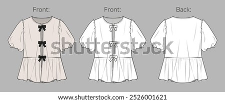 Vector short sleeved top with gathering details fashion CAD, woman cropped round neck blouse with bows technical drawing, template, mock up, sketch. Peplum blouse flat front, back view, white color