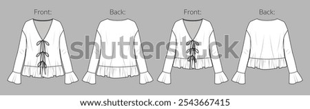 Vector long sleeved top with gathering details fashion CAD, peplum woman V neck blouse technical drawing, template, mock up, sketch. Knit cardigan with tie technical flat front, back view, white color