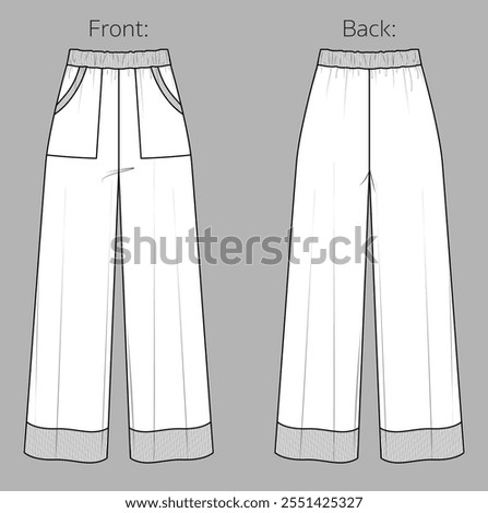 Vector comfy yoga pants technical drawing, woman wide-leg sweatpants fashion CAD, template, sketch, flat. Jersey or woven fabric trousers with front, back view, white color. Palazzo trousers drawing