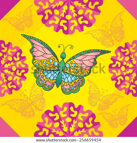 Colorful geometric seamless pattern with butterflies and abstract flowers. Vector background