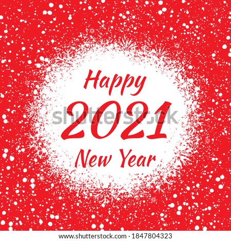 Happy 2021 New Year. Congratulatory poster on a red background with snowflakes, fragile different crystals.Holiday card. Backdrop for the New Year celebration. Vector illustration