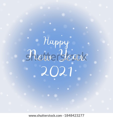 Happy 2021 New Year. Congratulatory poster on a blue background with snowflakes, fragile different crystals.Holiday card. Backdrop for the New Year celebration. Vector illustration