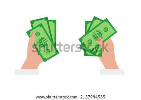 Hand holding dollar banknotes, icons. Money sign, finance, currency. Simple minimalist flat design.  Isolated. Vector illustration