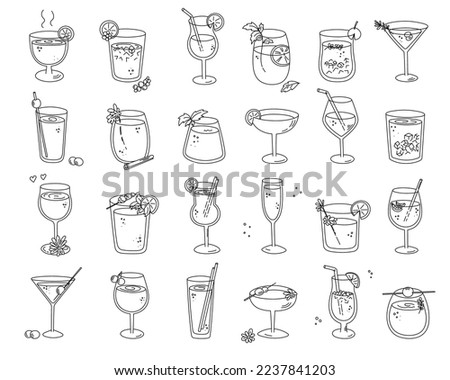 Alcoholic cocktails set, long drink beverages for holiday celebrating. Use for decorating design festive menu. Hand-drawn doodle style. Editable stroke. Isolated.Vector illustration