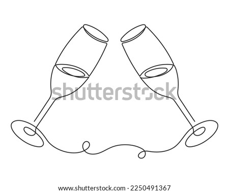 Hand drawn champagne clinking glasses one line art,continuous drawing contour.Cheers toast festive decoration for holidays,romantic design for Valentine's Day.Editable stroke. Isolated.Vector 