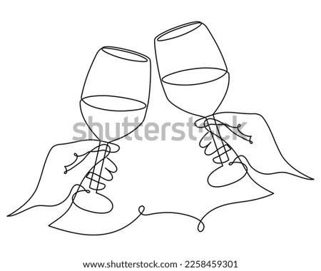 Hand drawn hands hold wine clinking glasses one line art,continuous drawing contour.Cheers toast festive decoration for holidays,romantic Valentine's Day design.Editable stroke. Isolated.Vector 