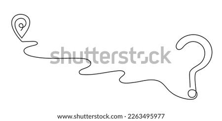 Pointing location with question mark at map one line art,hand drawn asking way sign, destination continuous contour, template finding direction, gps navigation concept.Editable stroke.Isolated.Vector 