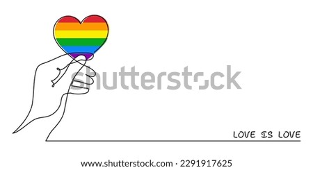 Hand with LGBT heart flag rainbow one line art,hand drawn pride month decoration continuous contour.People's rights movement,diversity time outline design.Editable stroke.Isolated.Vector illustration