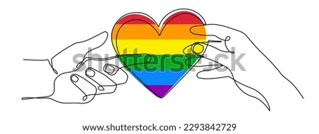 Hands with LGBT heart flag rainbow one line art,hand drawn pride month decoration continuous contour.People's rights movement,diversity time outline design.Editable stroke.Isolated.Vector illustration