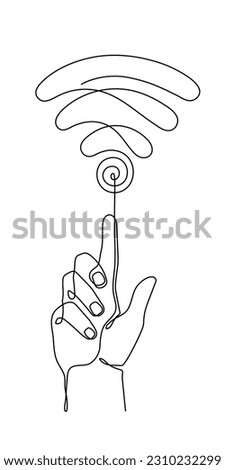 Hand with WI-FI signal one line art,hand drawn pals holds internet hotspot,access point continuous contour.Free zone wireless online concept,template outline.Editable stroke.Isolated.Vector