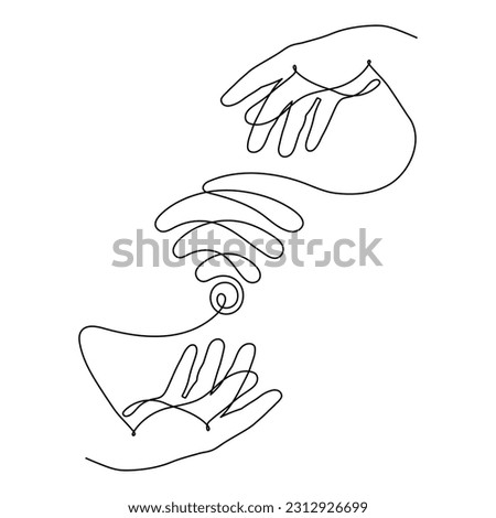 Hand with WI-FI signal one line art,hand drawn pals holds internet hotspot,access point continuous contour.Free zone wireless online concept,template outline.Editable stroke.Isolated.Vector