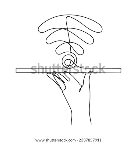 Hand with WI-FI signal one line art,hand drawn palms holds internet hotspot,access point continuous contour.Free zone wireless online concept,template outline.Editable stroke.Isolated.Vector