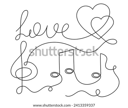 Treble clef and musical notes one line art, hand drawn continuous contour. Love music creative concept, minimalist template design. Editable stroke. Isolated. Vector illustration