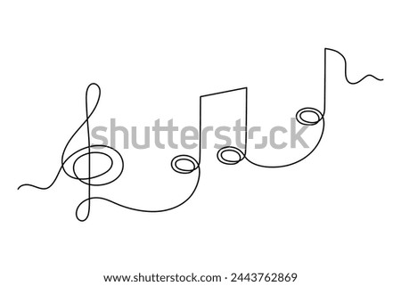 Treble clef and musical notes one line art, hand drawn continuous contour outline.Love music composition concept,minimalist template melody art design.Editable stroke.Isolated.Vector illustration