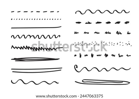 Underlines hand-drawn set. Handwriten dividers, separators, borders, collection of doodle style various art accentuation elements for text decoration. Isolated. Vector illustration