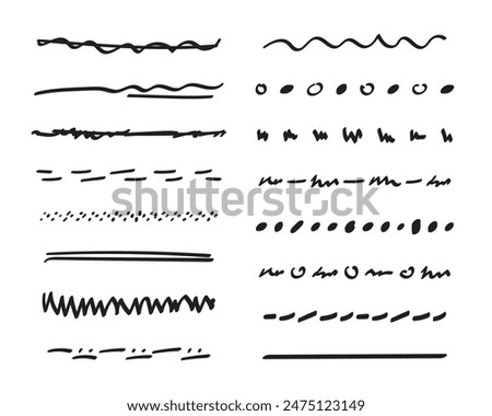 Underlines hand-drawn set. Handwriten dividers, separators, borders, collection of doodle style various art accentuation elements for text decoration. Isolated. Vector illustration