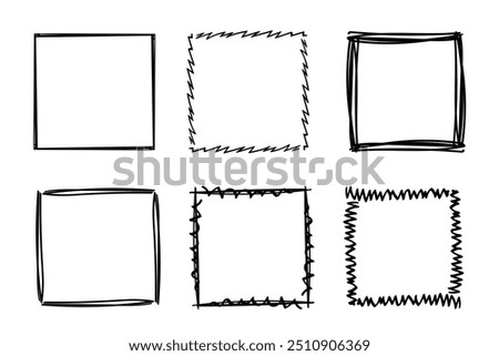 Square doodle frames ,hand-drawn monograms.Edgings and cadres with simple sketchy design elements.Isolated. Vector illustration.