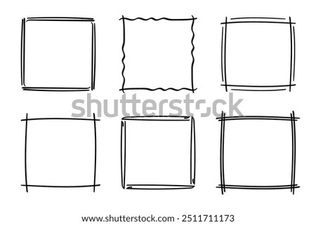 Square doodle frames ,hand-drawn monograms.Edgings and cadres with simple sketchy design elements.Isolated. Vector illustration.