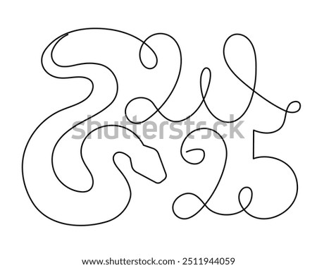 2025 year of snake one line art, hand drawn continuous contour.Holiday concept,festive New year chinese astrological horoscope, poisonous reptile serpent outline.Editable stroke.Isolated.Vector