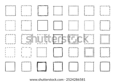 Square doodle frames ,hand-drawn monograms.Edgings and cadres with simple sketchy design elements.Isolated. Vector illustration