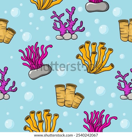 seamless pattern with an underwater theme containing illustrations of various cute coral reefs