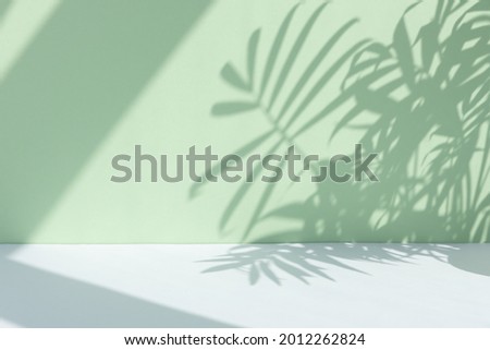 Minimal abstract background for the presentation of a cosmetic product. Premium podium with a shadow of tropical palm leaves on a pastel green wall and gray table. Showcase, display case.