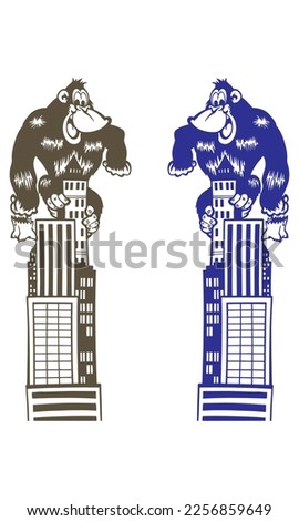 Monkey On Skyscraper Vector Illustration. Huge Strong Gorilla Climbed Up On Municipal Building