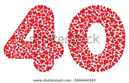 Number Forty With Red Hearts Love Pattern Vector Illustration. Number 40 Isolated On A White Background
