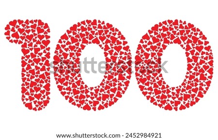 Number One Hundred With Red Hearts Love Pattern Vector Illustration. Number 100 Isolated On A White Background
