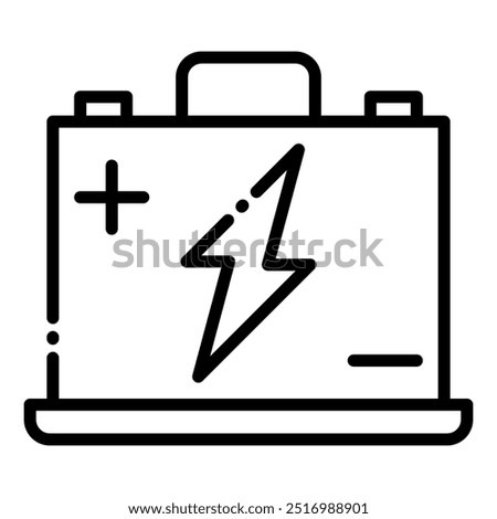 A simple line icon representing a battery, a device used to store electrical energy. The icon features a rectangular shape with a handle, a plus sign, a minus sign, and a lightning bolt symbol inside 