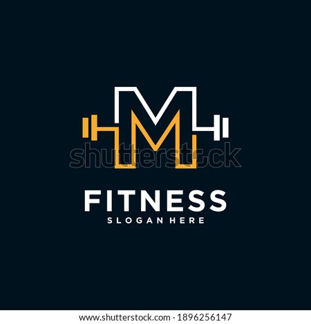 M fitness logo logo with Kettlebell fitness vector icon design and Barbell Fitness Gym Logo Design.